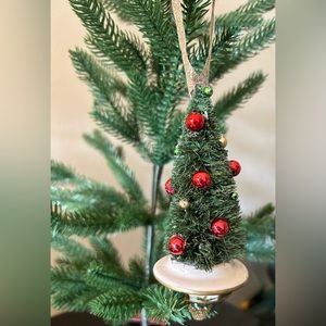 Upcycled green Bottle brush tree and sugar bowl top Christmas ornament
